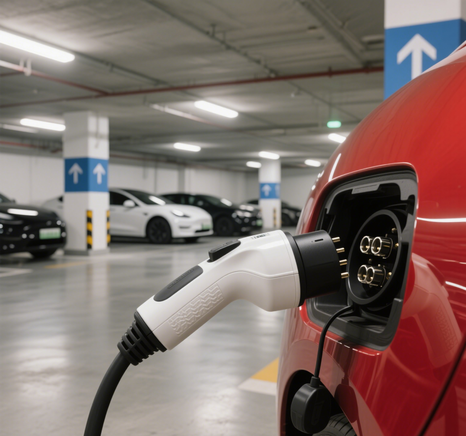 Red EV being charged in garage